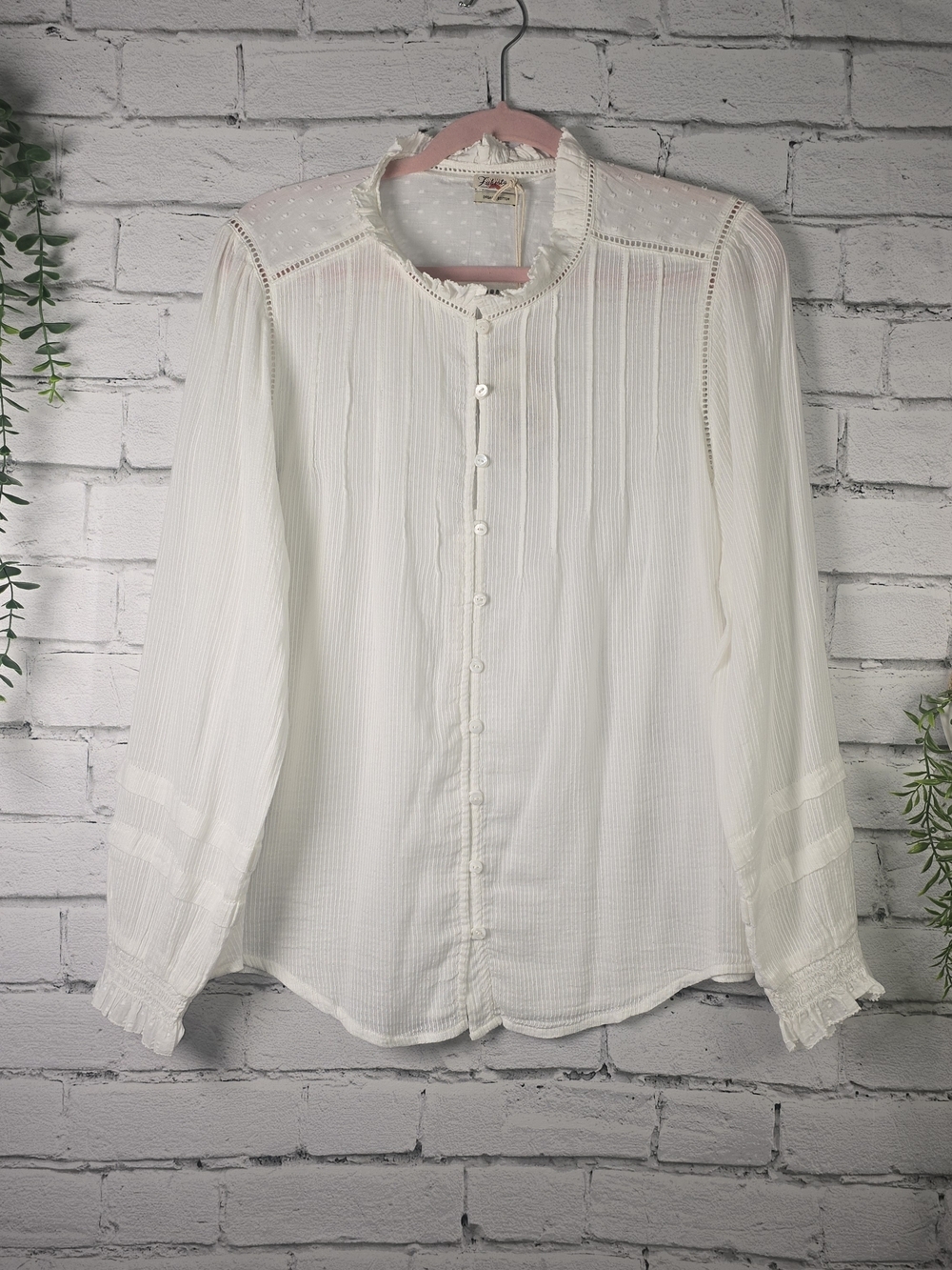 FAHERTY WILLA TOP PINTUCK YOKE RUFFLED NECK SMOCKED LONG SLEEVE CREAM COTTON LG